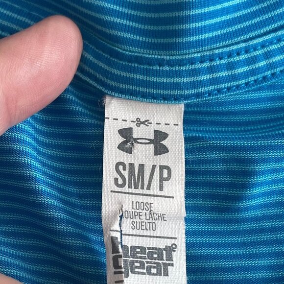 Under Armour Activewear SS V Neck Loose Fit Striped Polyester Shirt Blue Sz S - Picture 5 of 8